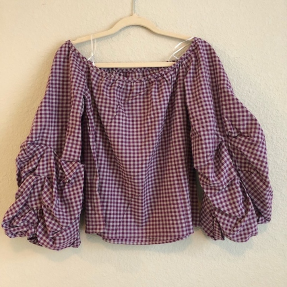 Guest Editor Purple & Gray Gingham Puff Sleeve Top - Picture 4 of 4